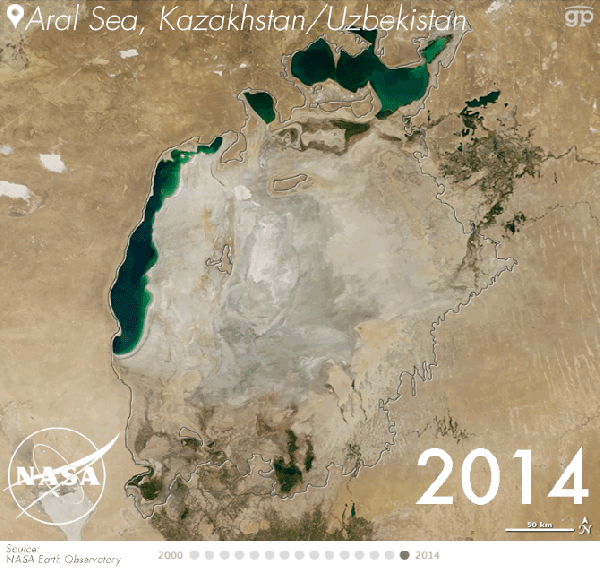 Aral Sea drying up over time due to cotton irrigation - NASA satellite imagery